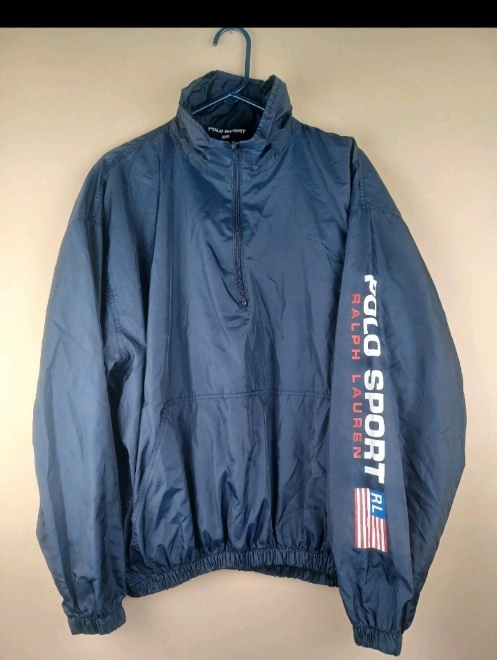 Vintage Polo Sport Ralph Lauren Spellout Flag Blue Jacket Pullover Windbreaker